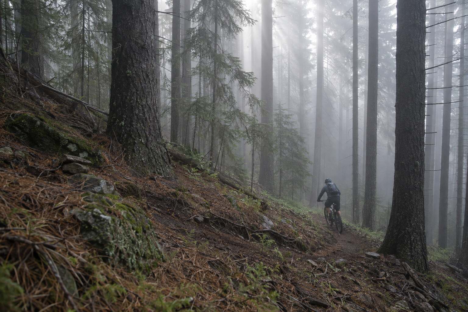 Mountain biker on a singletrack through a pine forest in thick morning mist